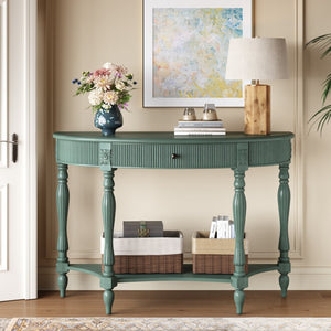 English Elm Solid Wood Half Moon Entryway Console Fluted Drawer Roman Column Carved Legs Foyer Antique Green W1445P513091