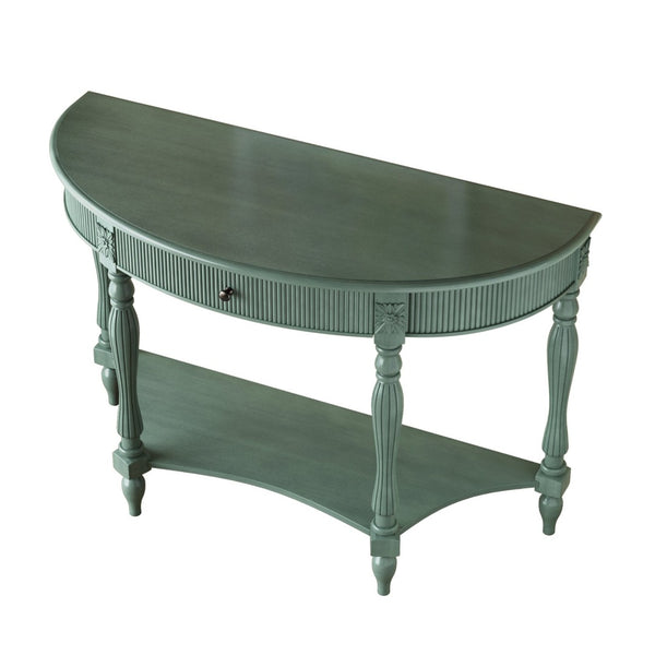 English Elm Solid Wood Half Moon Entryway Console Fluted Drawer Roman Column Carved Legs Foyer Antique Green W1445P513091