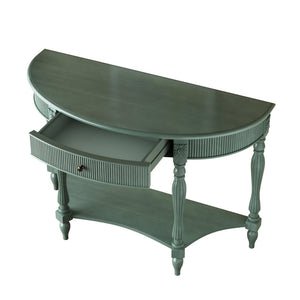 English Elm Solid Wood Half Moon Entryway Console Fluted Drawer Roman Column Carved Legs Foyer Antique Green W1445P513091