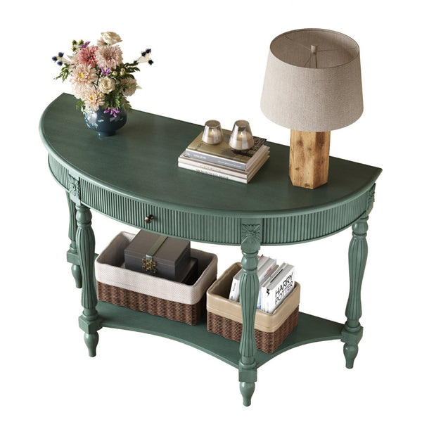 English Elm Solid Wood Half Moon Entryway Console Fluted Drawer Roman Column Carved Legs Foyer Antique Green W1445P513091
