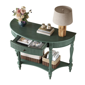 English Elm Solid Wood Half Moon Entryway Console Fluted Drawer Roman Column Carved Legs Foyer Antique Green W1445P513091