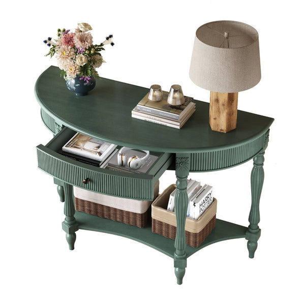 English Elm Solid Wood Half Moon Entryway Console Fluted Drawer Roman Column Carved Legs Foyer Antique Green W1445P513091
