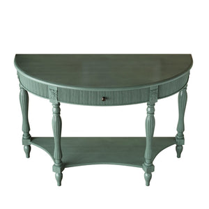 English Elm Solid Wood Half Moon Entryway Console Fluted Drawer Roman Column Carved Legs Foyer Antique Green W1445P513091