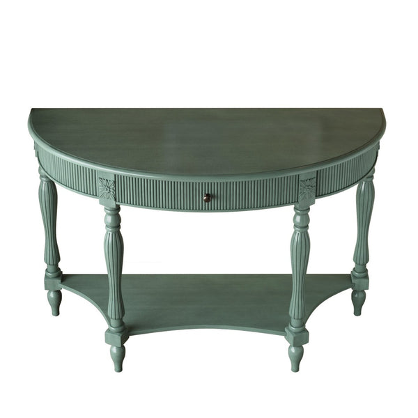 English Elm Solid Wood Half Moon Entryway Console Fluted Drawer Roman Column Carved Legs Foyer Antique Green W1445P513091