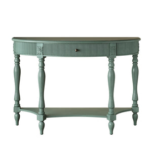 English Elm Solid Wood Half Moon Entryway Console Fluted Drawer Roman Column Carved Legs Foyer Antique Green W1445P513091