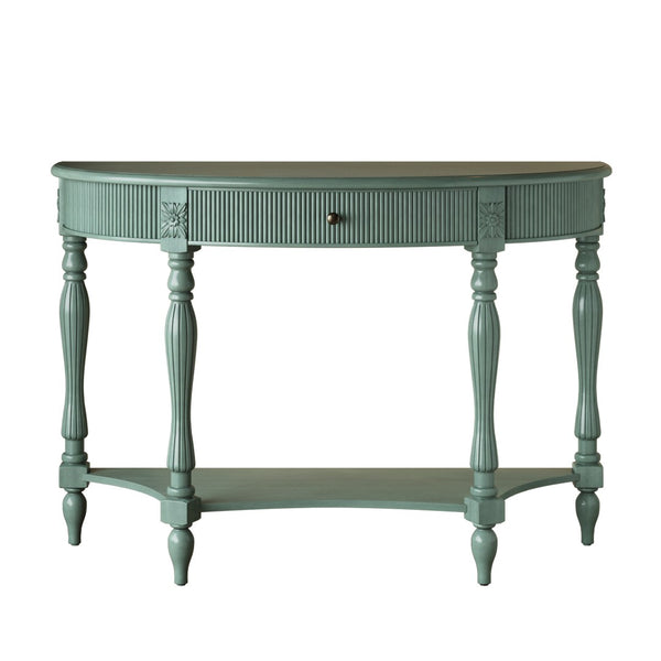 English Elm Solid Wood Half Moon Entryway Console Fluted Drawer Roman Column Carved Legs Foyer Antique Green W1445P513091