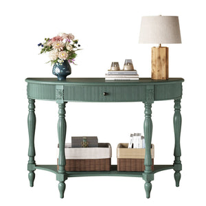 English Elm Solid Wood Half Moon Entryway Console Fluted Drawer Roman Column Carved Legs Foyer Antique Green W1445P513091