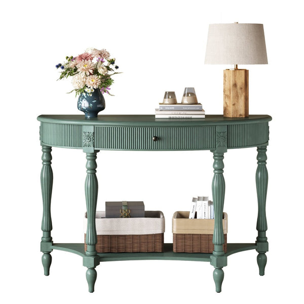English Elm Solid Wood Half Moon Entryway Console Fluted Drawer Roman Column Carved Legs Foyer Antique Green W1445P513091