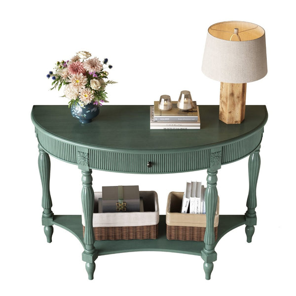 English Elm Solid Wood Half Moon Entryway Console Fluted Drawer Roman Column Carved Legs Foyer Antique Green W1445P513091