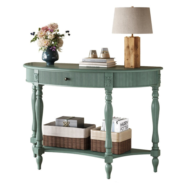 English Elm Solid Wood Half Moon Entryway Console Fluted Drawer Roman Column Carved Legs Foyer Antique Green W1445P513091