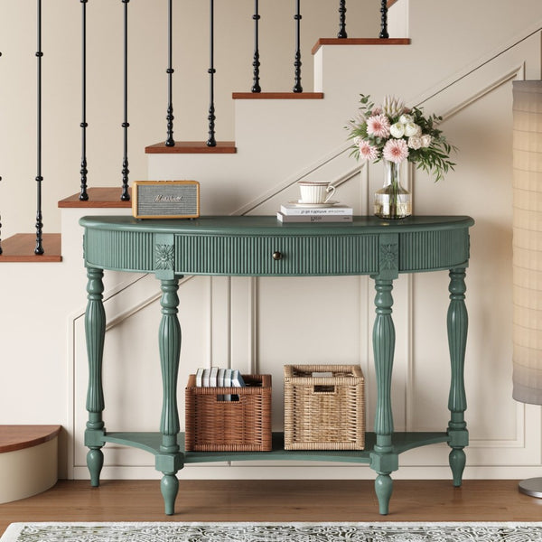 English Elm Solid Wood Half Moon Entryway Console Fluted Drawer Roman Column Carved Legs Foyer Antique Green W1445P513091