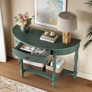 English Elm Solid Wood Half Moon Entryway Console Fluted Drawer Roman Column Carved Legs Foyer Antique Green W1445P513091
