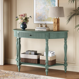 English Elm Solid Wood Half Moon Entryway Console Fluted Drawer Roman Column Carved Legs Foyer Antique Green W1445P513091