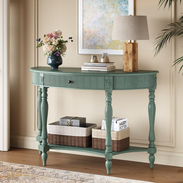 English Elm Solid Wood Half Moon Entryway Console Fluted Drawer Roman Column Carved Legs Foyer Antique Green W1445P513091