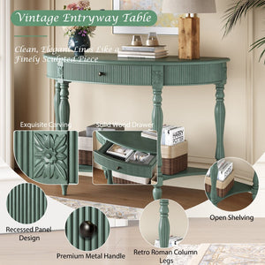 English Elm Solid Wood Half Moon Entryway Console Fluted Drawer Roman Column Carved Legs Foyer Antique Green W1445P513091