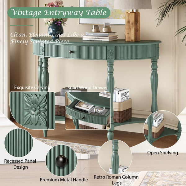 English Elm Solid Wood Half Moon Entryway Console Fluted Drawer Roman Column Carved Legs Foyer Antique Green W1445P513091