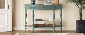 English Elm Solid Wood Half Moon Entryway Console Fluted Drawer Roman Column Carved Legs Foyer Antique Green W1445P513091