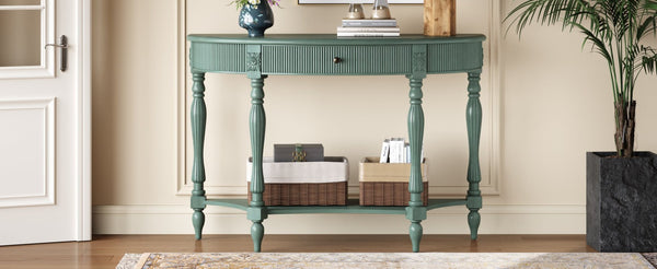 English Elm Solid Wood Half Moon Entryway Console Fluted Drawer Roman Column Carved Legs Foyer Antique Green W1445P513091