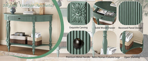 English Elm Solid Wood Half Moon Entryway Console Fluted Drawer Roman Column Carved Legs Foyer Antique Green W1445P513091