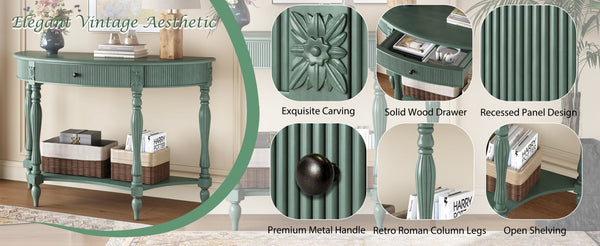 English Elm Solid Wood Half Moon Entryway Console Fluted Drawer Roman Column Carved Legs Foyer Antique Green W1445P513091