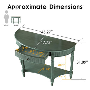 English Elm Solid Wood Half Moon Entryway Console Fluted Drawer Roman Column Carved Legs Foyer Antique Green W1445P513091