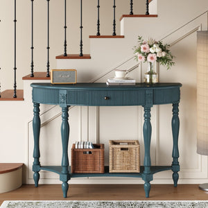 English Elm Solid Wood Half Moon Entryway Console Fluted Drawer Roman Column Carved Legs Foyer Antique Blue W1445P513092