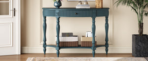 English Elm Solid Wood Half Moon Entryway Console Fluted Drawer Roman Column Carved Legs Foyer Antique Blue W1445P513092