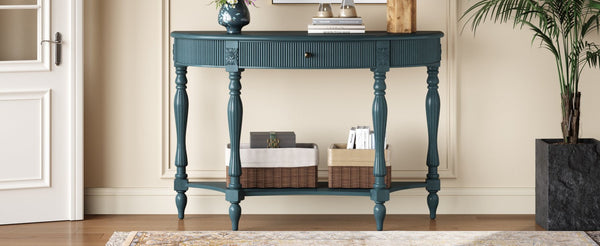 English Elm Solid Wood Half Moon Entryway Console Fluted Drawer Roman Column Carved Legs Foyer Antique Blue W1445P513092
