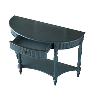 English Elm Solid Wood Half Moon Entryway Console Fluted Drawer Roman Column Carved Legs Foyer Antique Blue W1445P513092