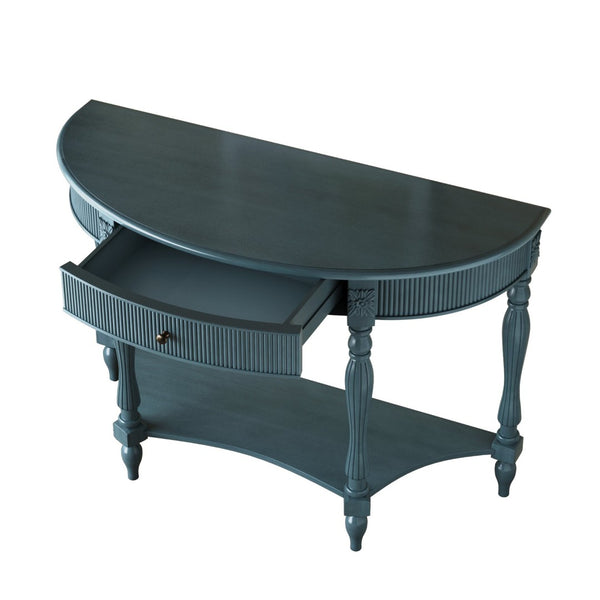 English Elm Solid Wood Half Moon Entryway Console Fluted Drawer Roman Column Carved Legs Foyer Antique Blue W1445P513092