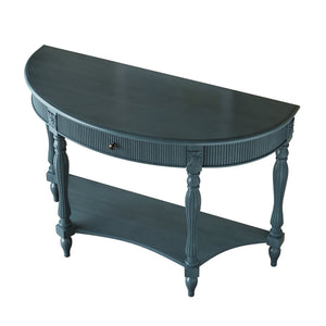 English Elm Solid Wood Half Moon Entryway Console Fluted Drawer Roman Column Carved Legs Foyer Antique Blue W1445P513092