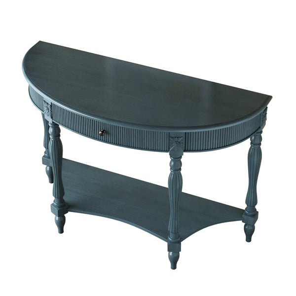 English Elm Solid Wood Half Moon Entryway Console Fluted Drawer Roman Column Carved Legs Foyer Antique Blue W1445P513092