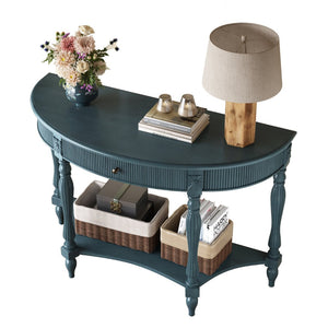 English Elm Solid Wood Half Moon Entryway Console Fluted Drawer Roman Column Carved Legs Foyer Antique Blue W1445P513092