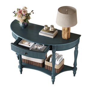 English Elm Solid Wood Half Moon Entryway Console Fluted Drawer Roman Column Carved Legs Foyer Antique Blue W1445P513092