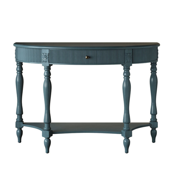 English Elm Solid Wood Half Moon Entryway Console Fluted Drawer Roman Column Carved Legs Foyer Antique Blue W1445P513092