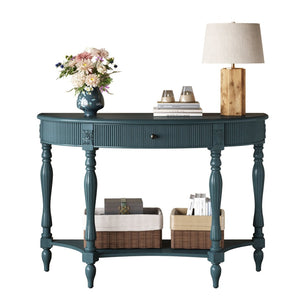 English Elm Solid Wood Half Moon Entryway Console Fluted Drawer Roman Column Carved Legs Foyer Antique Blue W1445P513092