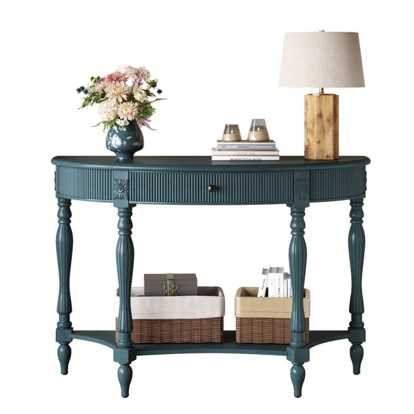 English Elm Solid Wood Half Moon Entryway Console Fluted Drawer Roman Column Carved Legs Foyer Antique Blue W1445P513092