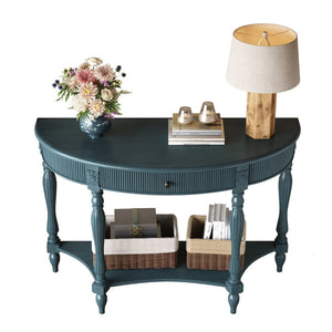 English Elm Solid Wood Half Moon Entryway Console Fluted Drawer Roman Column Carved Legs Foyer Antique Blue W1445P513092