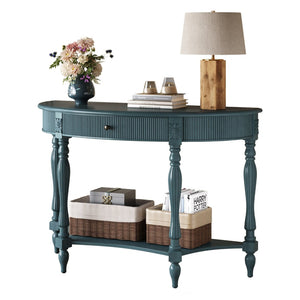 English Elm Solid Wood Half Moon Entryway Console Fluted Drawer Roman Column Carved Legs Foyer Antique Blue W1445P513092