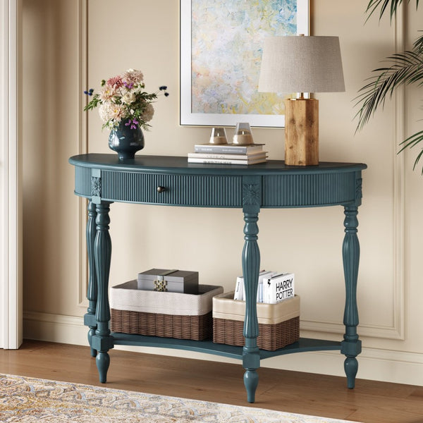 English Elm Solid Wood Half Moon Entryway Console Fluted Drawer Roman Column Carved Legs Foyer Antique Blue W1445P513092