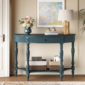 English Elm Solid Wood Half Moon Entryway Console Fluted Drawer Roman Column Carved Legs Foyer Antique Blue W1445P513092