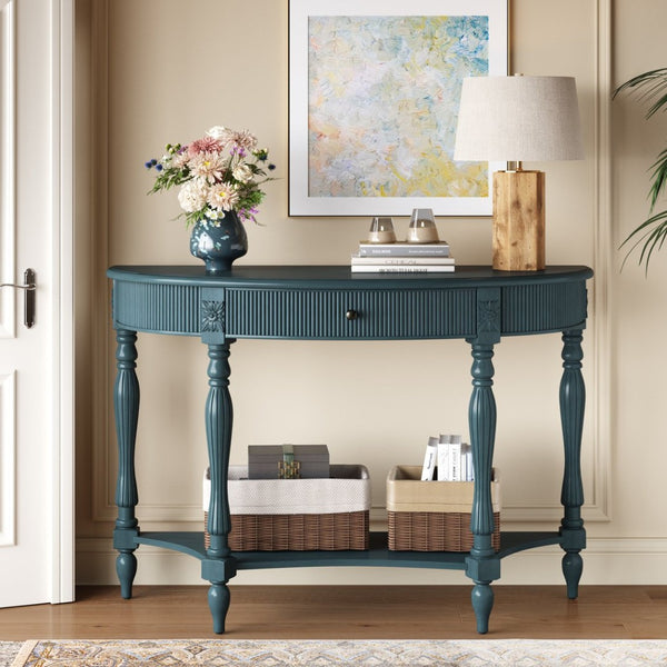 English Elm Solid Wood Half Moon Entryway Console Fluted Drawer Roman Column Carved Legs Foyer Antique Blue W1445P513092