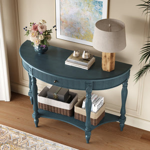 English Elm Solid Wood Half Moon Entryway Console Fluted Drawer Roman Column Carved Legs Foyer Antique Blue W1445P513092