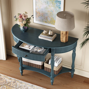 English Elm Solid Wood Half Moon Entryway Console Fluted Drawer Roman Column Carved Legs Foyer Antique Blue W1445P513092
