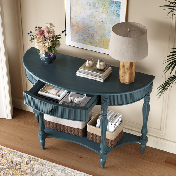 English Elm Solid Wood Half Moon Entryway Console Fluted Drawer Roman Column Carved Legs Foyer Antique Blue W1445P513092