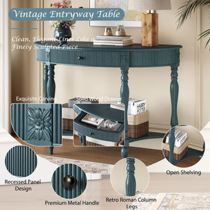 English Elm Solid Wood Half Moon Entryway Console Fluted Drawer Roman Column Carved Legs Foyer Antique Blue W1445P513092