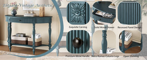 English Elm Solid Wood Half Moon Entryway Console Fluted Drawer Roman Column Carved Legs Foyer Antique Blue W1445P513092