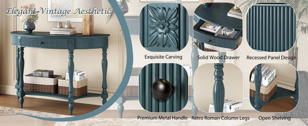 English Elm Solid Wood Half Moon Entryway Console Fluted Drawer Roman Column Carved Legs Foyer Antique Blue W1445P513092