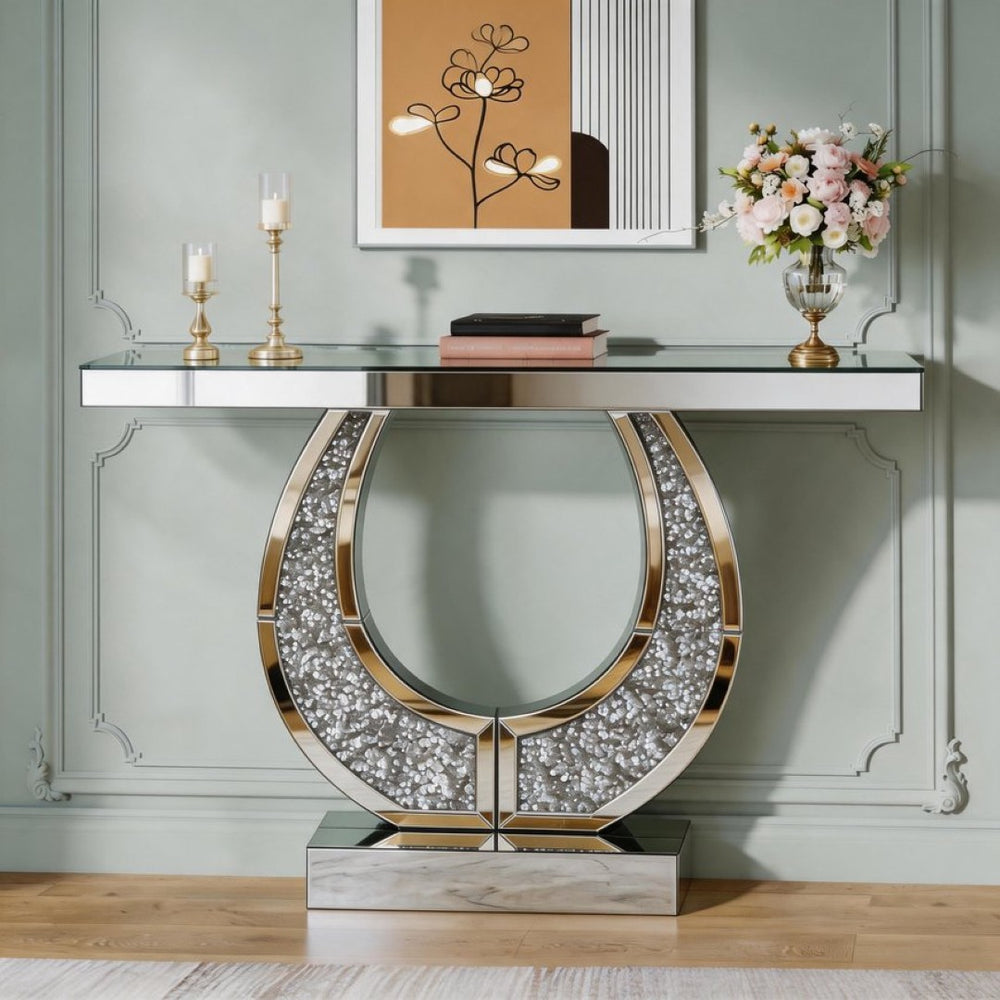 English Elm 45 Inch Mirrored Console Table Crushed Diamond Crystal Glam Entryway Silver Sofa W1445P513724