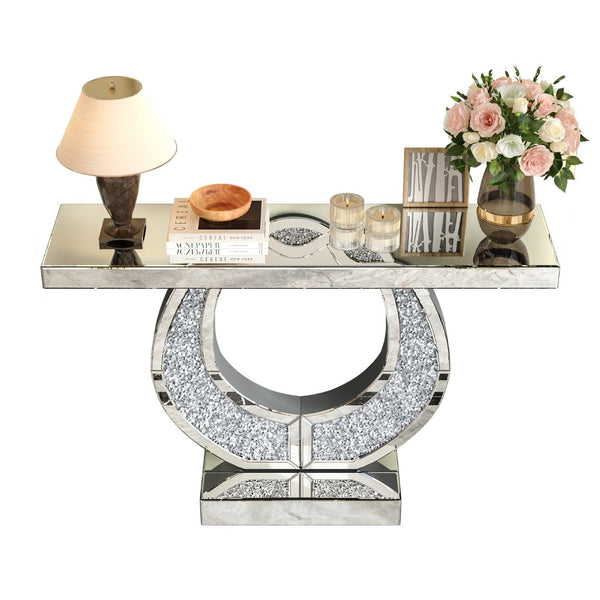 English Elm 45 Inch Mirrored Console Table Crushed Diamond Crystal Glam Entryway Silver Sofa W1445P513724